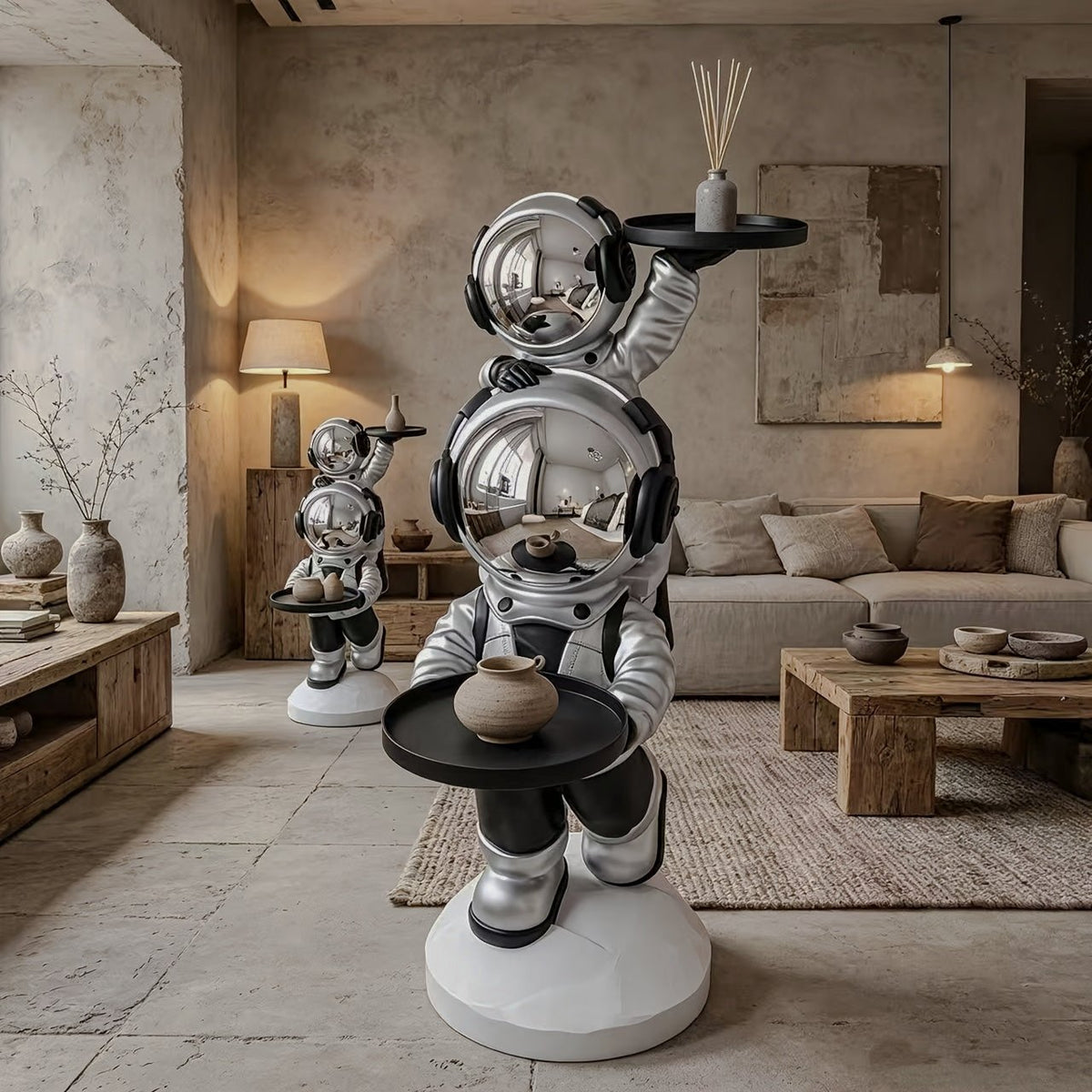 Silver astronaut side table with two black trays and mirrored visors in a neutral living room