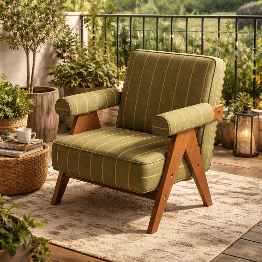 Patterned Accent Chair with Rubberwood Frame — green striped chair in a sunny corner