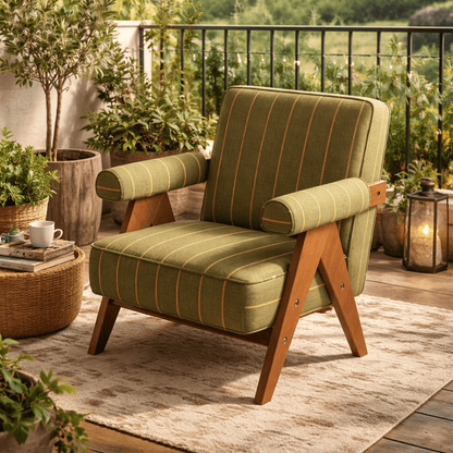 Patterned Accent Chair with Rubberwood Frame — green striped chair in a sunny corner