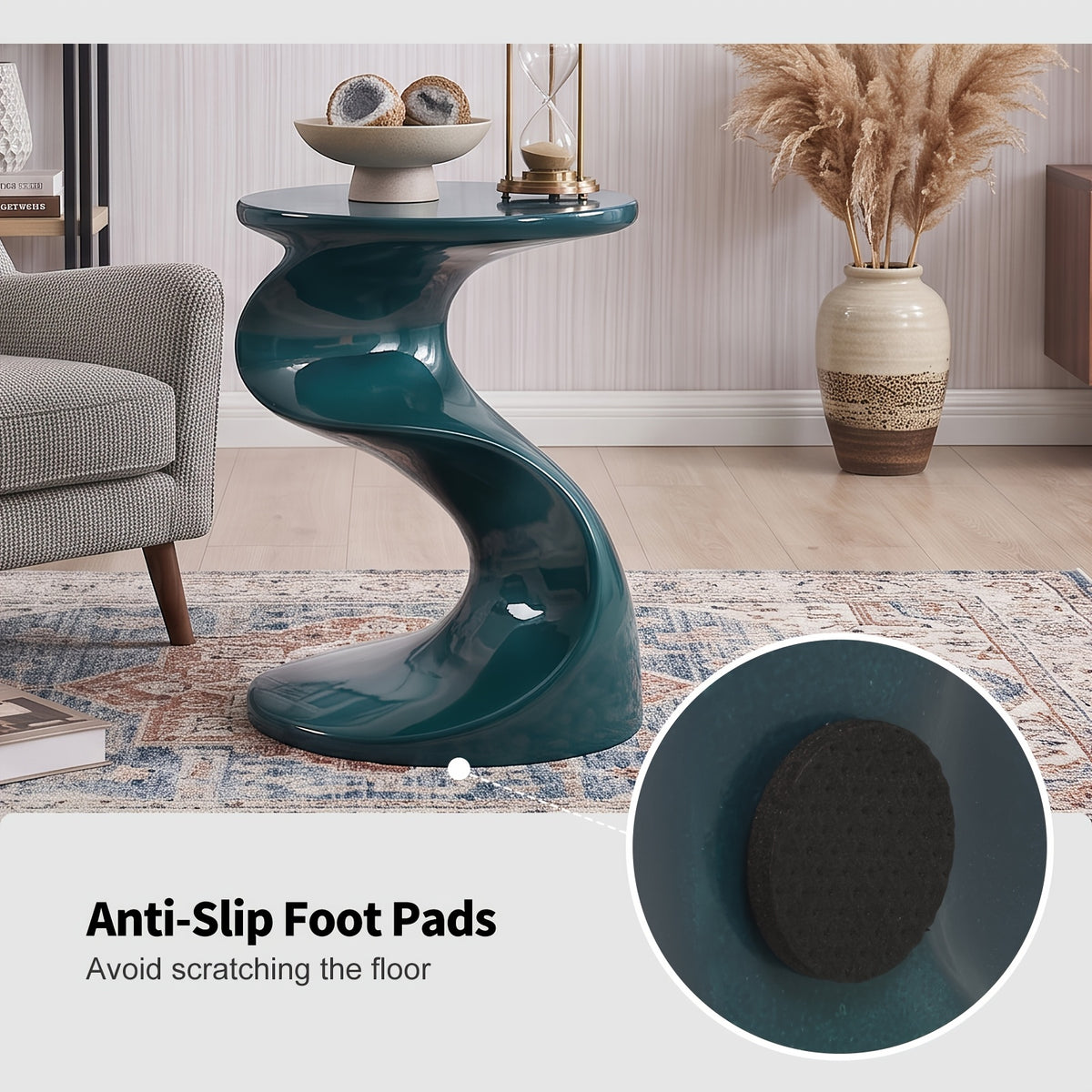High Glossy Side Table, End Table, S-Shaped Base Fashion Design, Modern Nightstand, Accent Table, for Small Spaces, with 18" High Base, for Living Room Office Apartment, No Assembly, Blue/Green/Pink