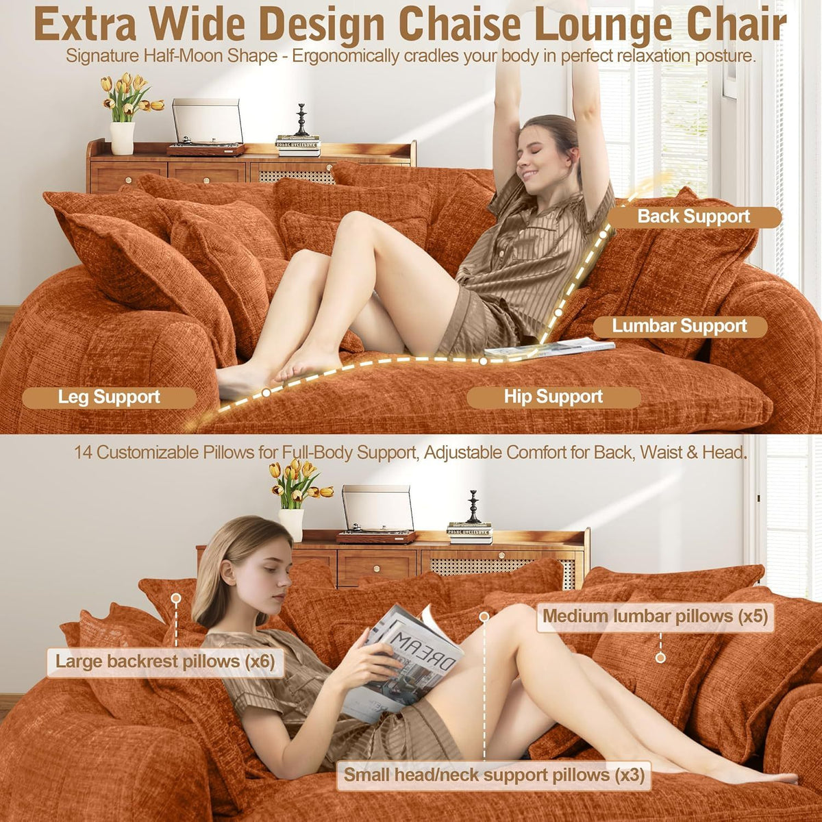 Oversized Round Chenille Lounge Sofa — orange lounging and pillow arrangement.