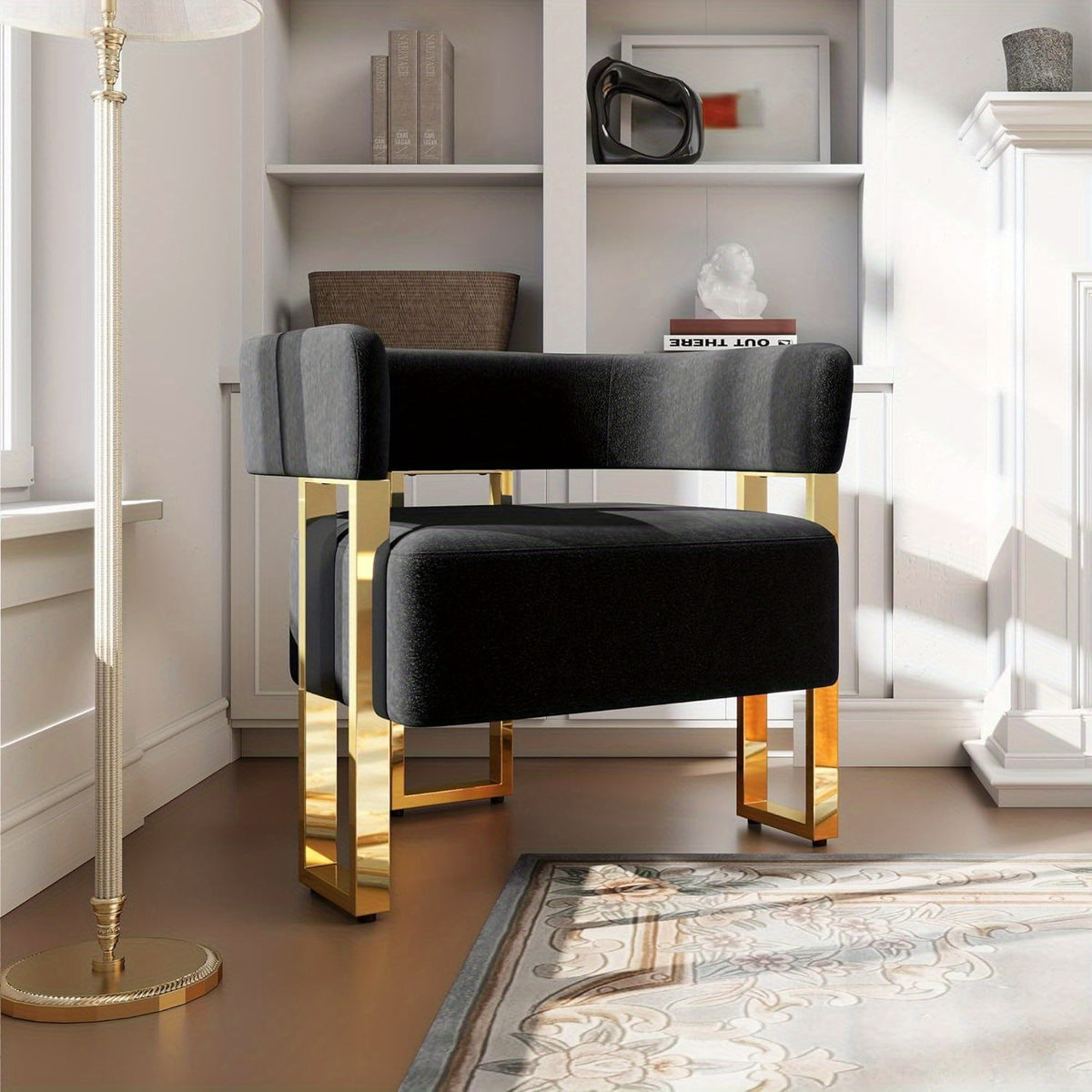 Cutout-Back Accent Chair with Gold-Tone Base — black chair with gold-colored frame in a room