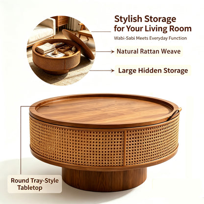 Feature graphic showing the round rattan table's hidden storage and tray top
