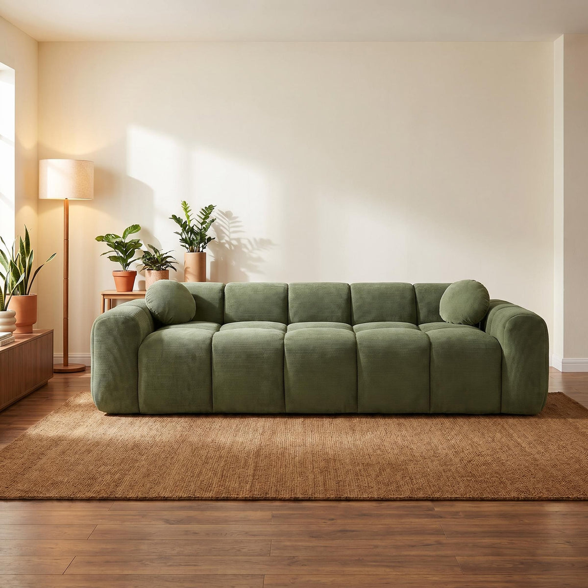 98-Inch Corduroy Low-Profile Sofa — green front view in a room