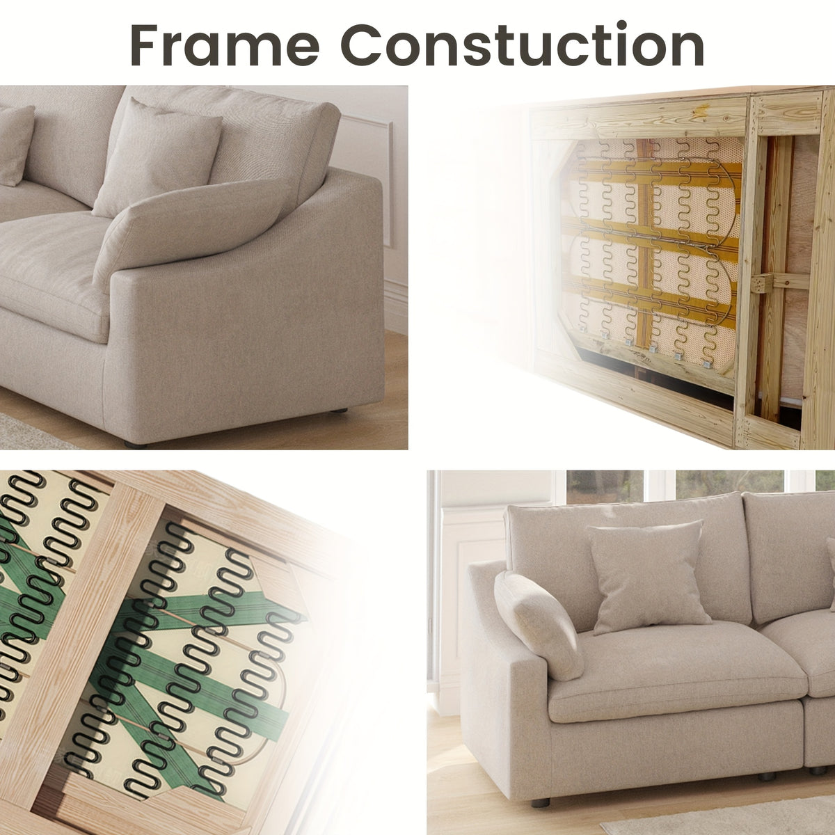 155-Inch Chenille L-Shaped Modular Sectional — internal wood frame and spring support collage