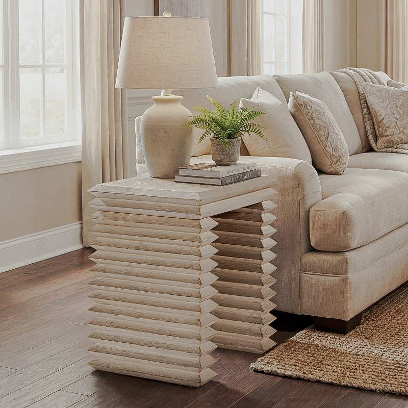 Whitewashed geometric side table with stacked horizontal ridges beside a cream sofa