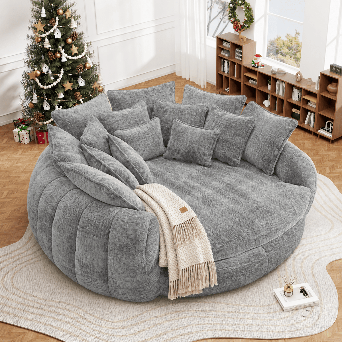 Oversized Round Chenille Lounge Sofa — light grey upholstery option.