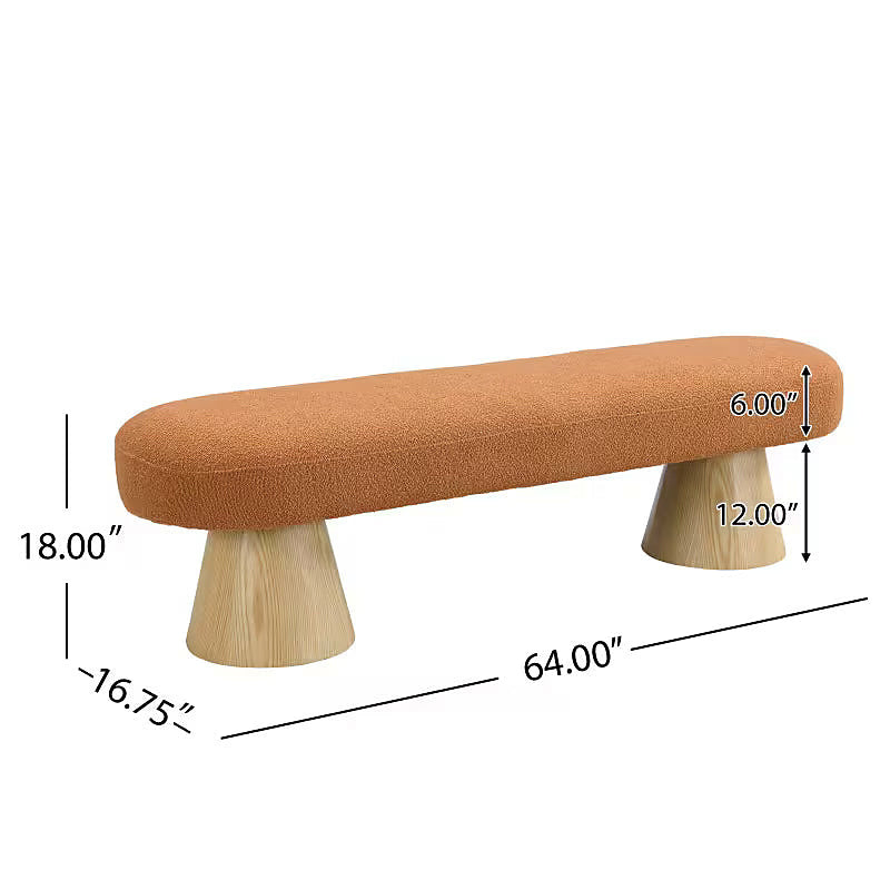 Dimension diagram of orange bouclé-style bench with tapered pedestals