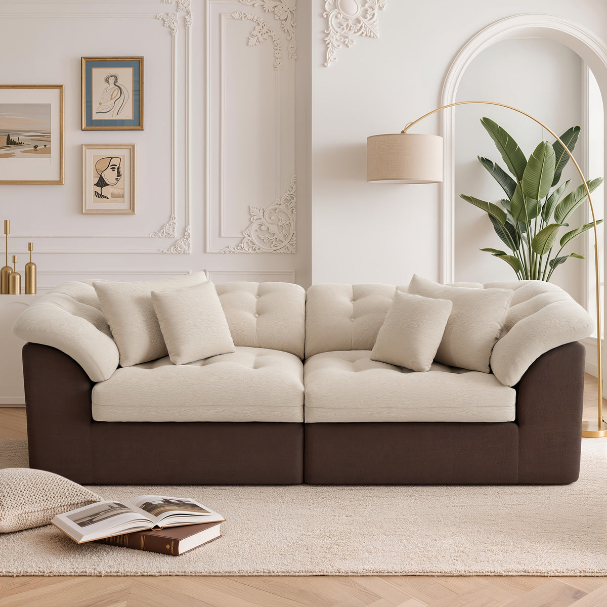 Contrast Modular Cloud Sofa — ivory cushions with brown upholstered base.