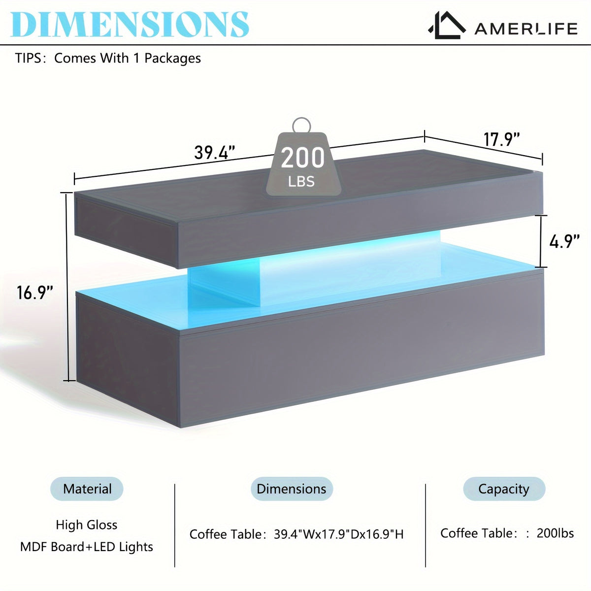 Dimension graphic showing the LED coffee table at 39.4 by 17.9 by 16.9 inches