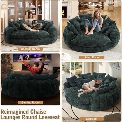 Oversized Round Chenille Lounge Sofa — emerald sofa room-use examples.