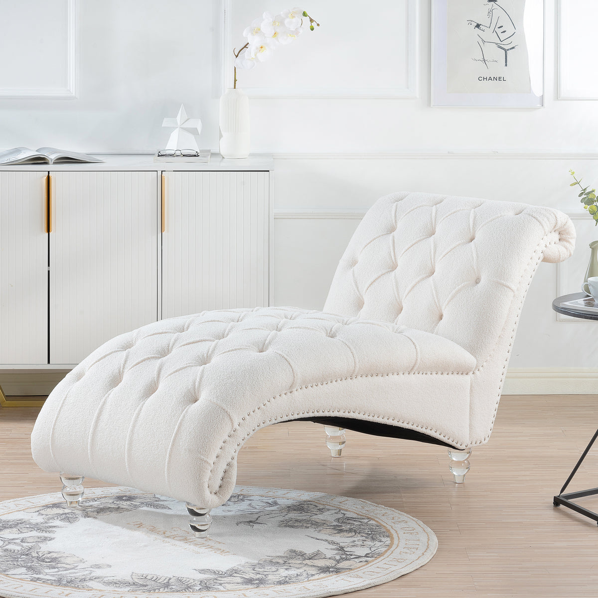 Tufted Chaise Lounge with Clear Legs — opposite styled view.