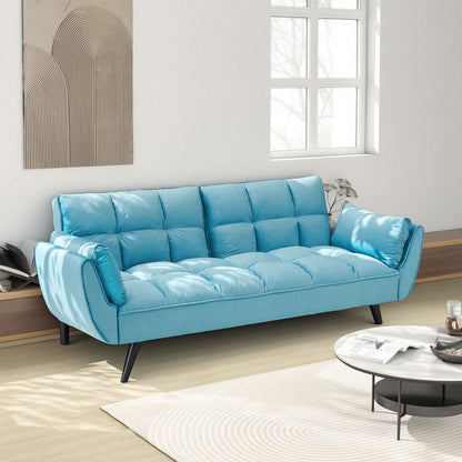Blue Tufted Convertible Sofa — angled view from the right.