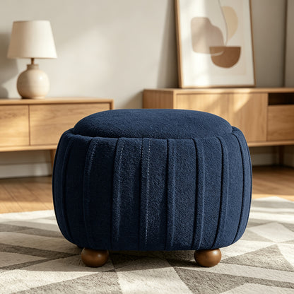 Oval Chenille Storage Ottoman with Wood Ball Legs — navy front three-quarter view