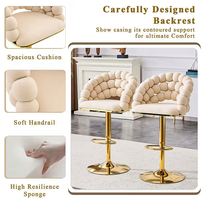 Beige bubble velvet bar stool with a gold tone base — seat and base details