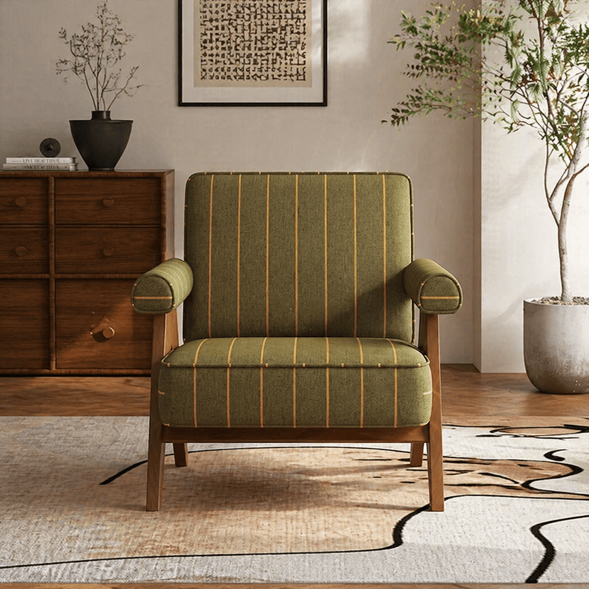 Patterned Accent Chair with Rubberwood Frame — front view of the green striped chair