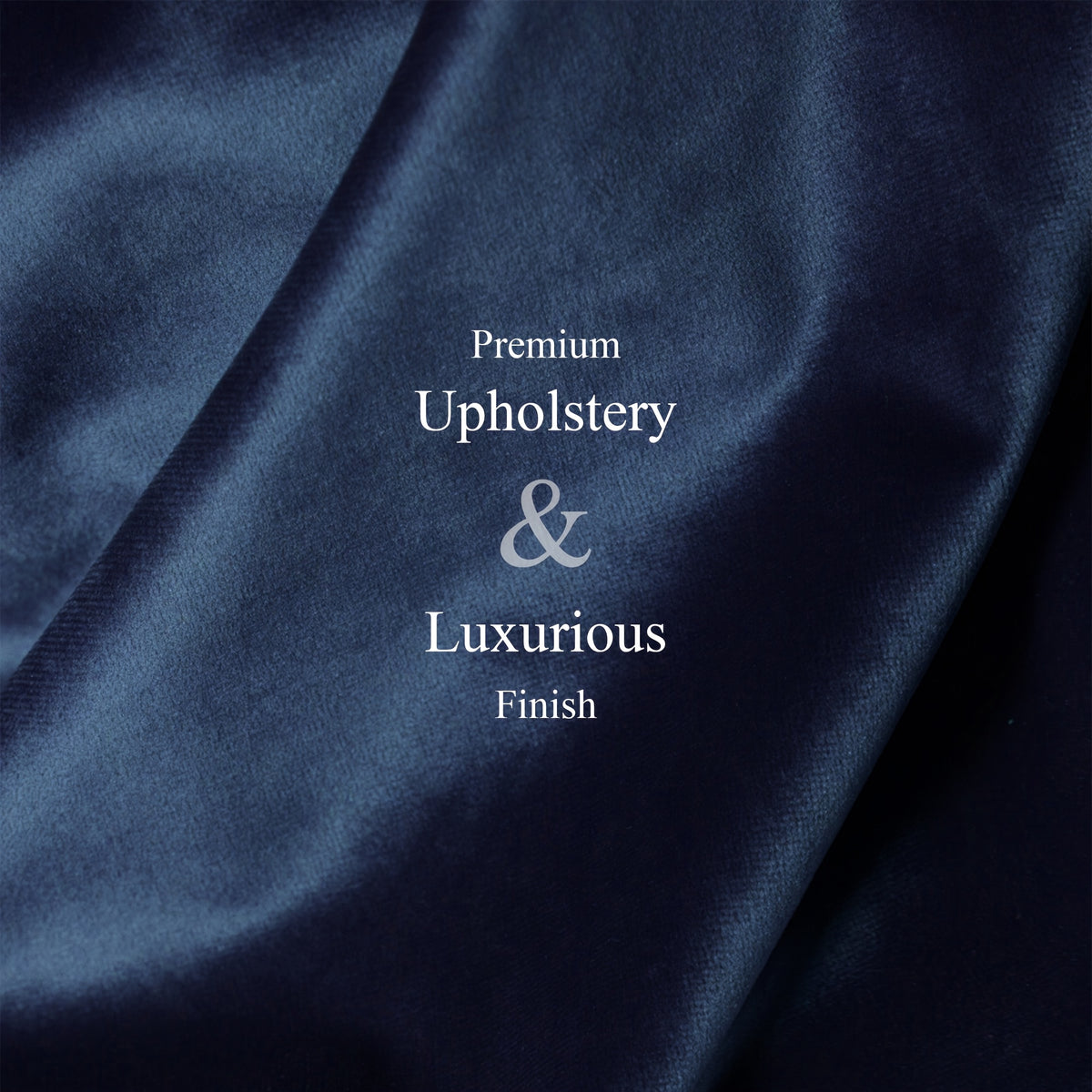 Close-up of the blue upholstery fabric with a text overlay