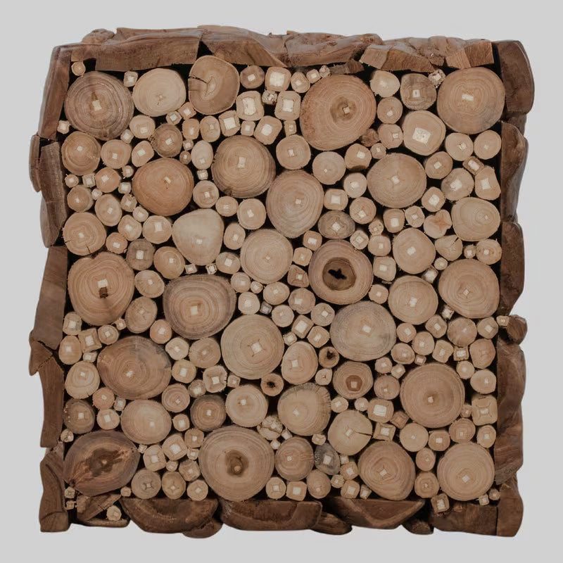 Overhead studio view of the cube end table's circular wood-end pattern