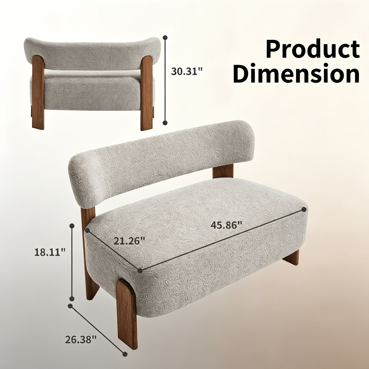 Curved-Back Loveseat with Wood Frame — supplier dimension diagram.