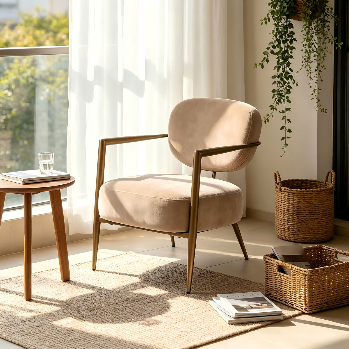 Camel fabric accent chair with an oval back and gold tone metal frame