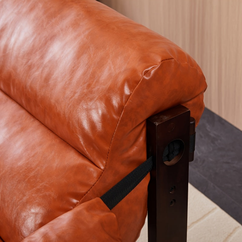Leather-Look Accent Chair with Wood Frame — orange padded arm close-up