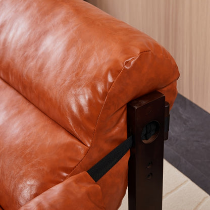 Leather-Look Accent Chair with Wood Frame — orange padded arm close-up
