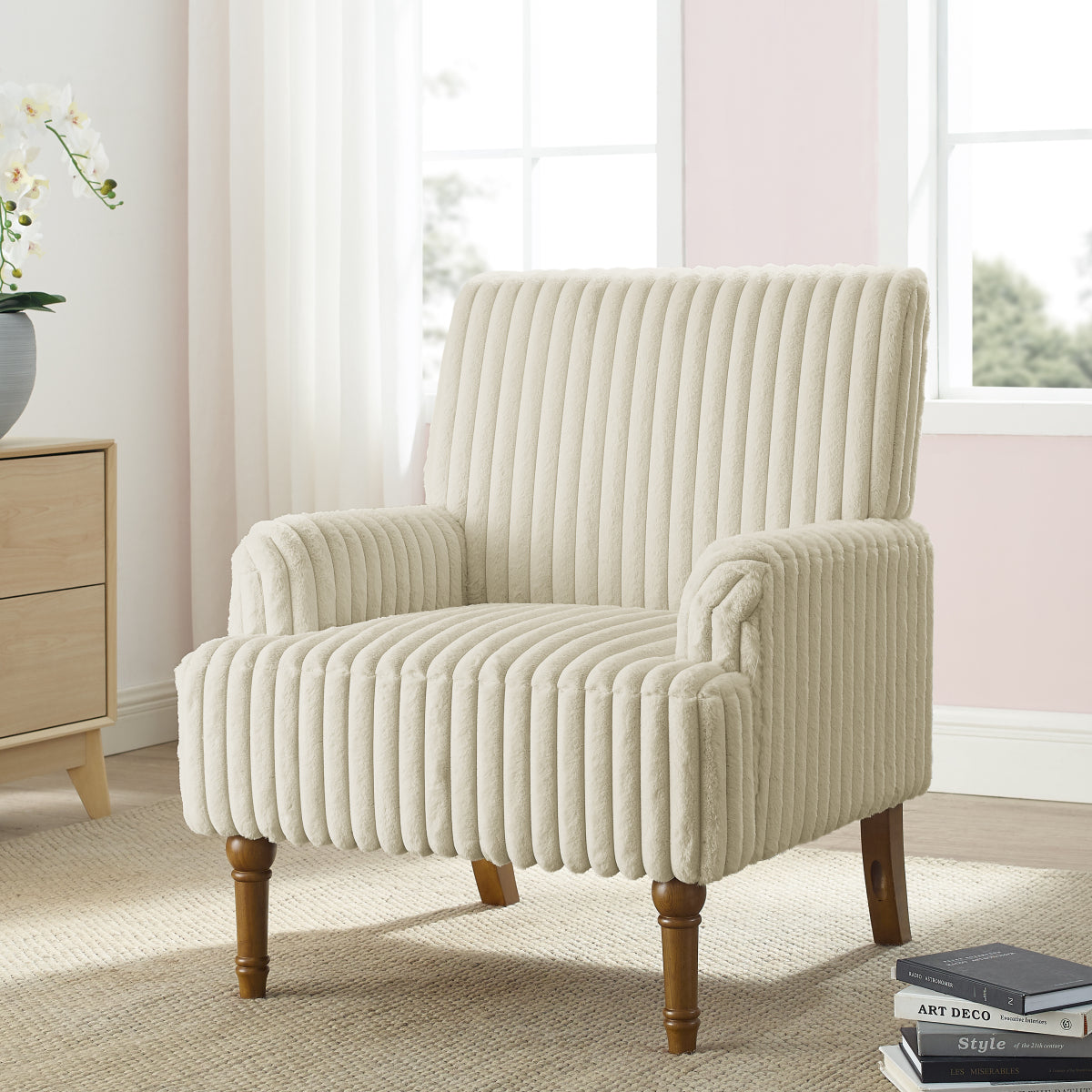 Wide-Wale Corduroy Accent Chair with Wood Legs — beige chair in a bright living room