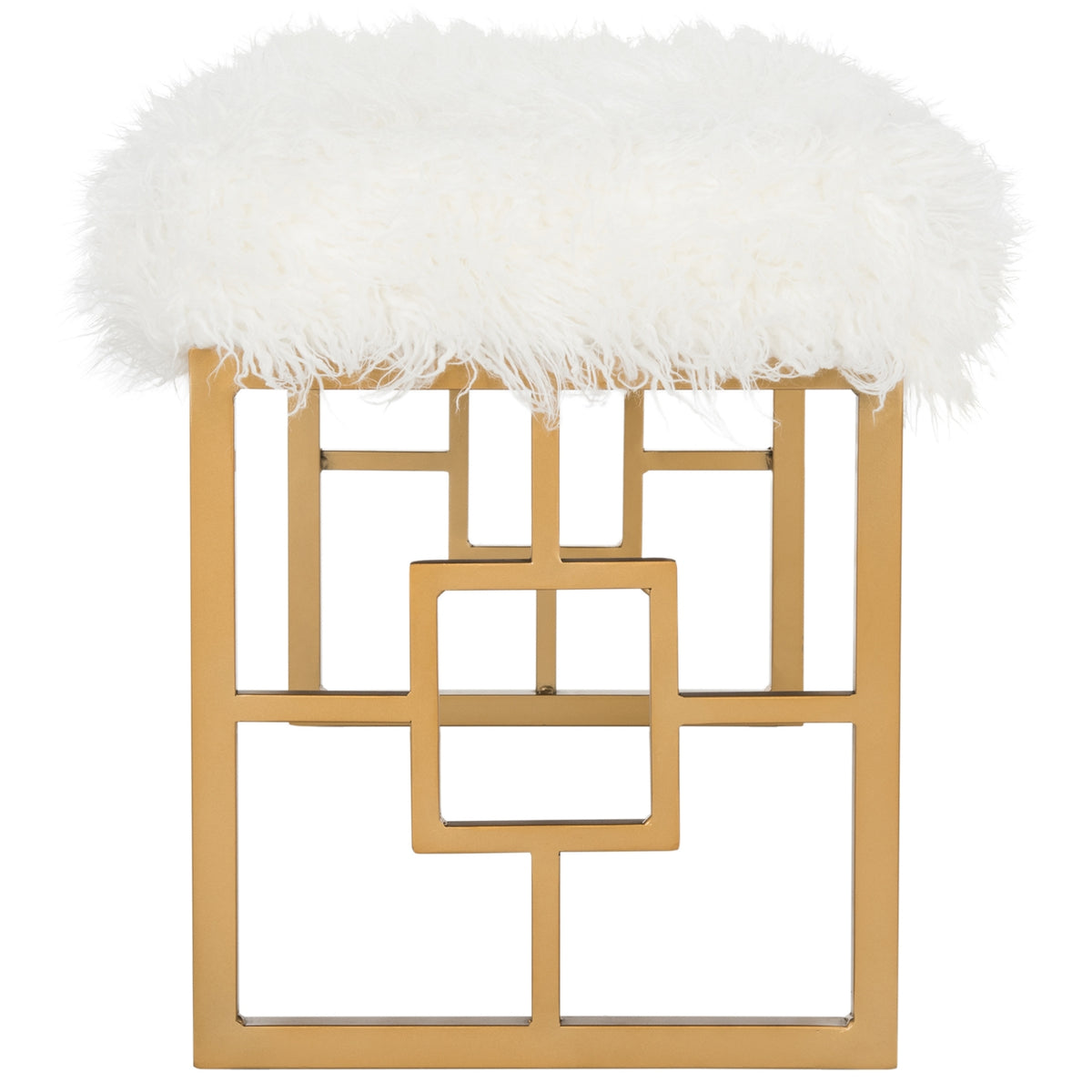 Mera Ivory Faux-Lamb Bench with Gold-Tone Base — end view of the gold geometric support