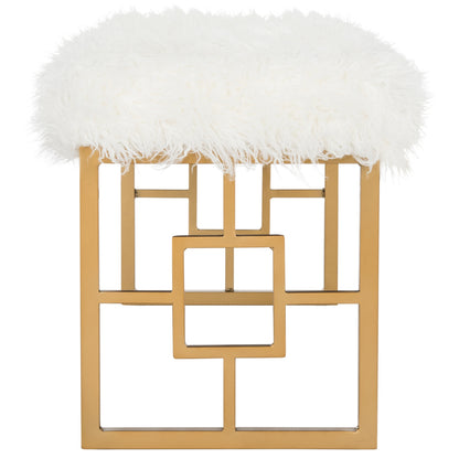 Mera Ivory Faux-Lamb Bench with Gold-Tone Base — end view of the gold geometric support