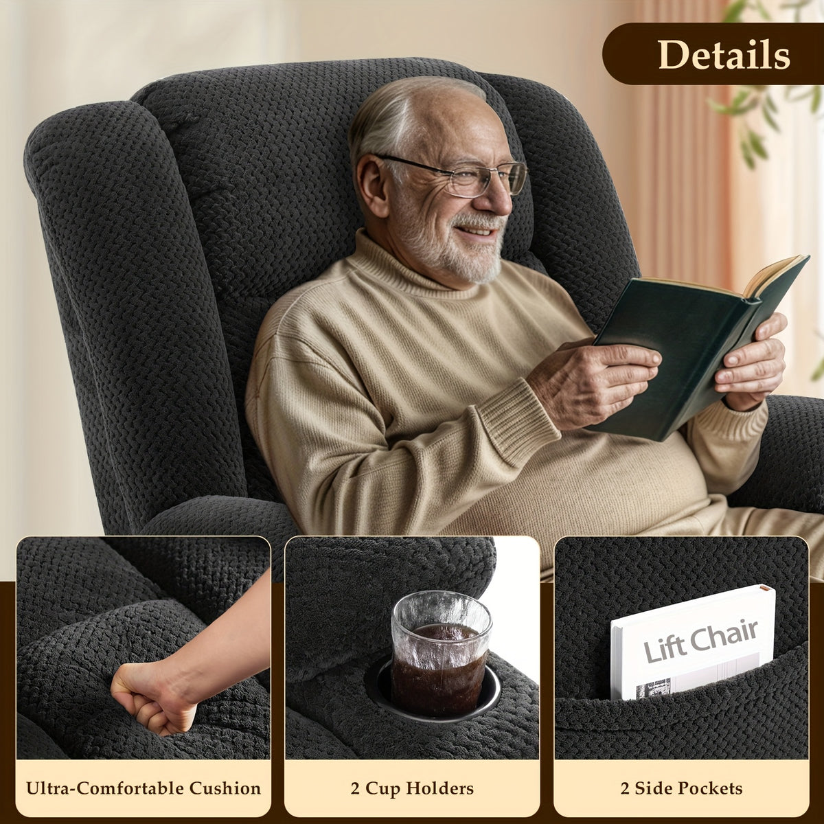 Detail collage showing the gray recliner's cushion, cup holder and side pocket