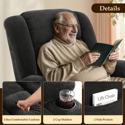 Detail collage showing the gray recliner's cushion, cup holder and side pocket