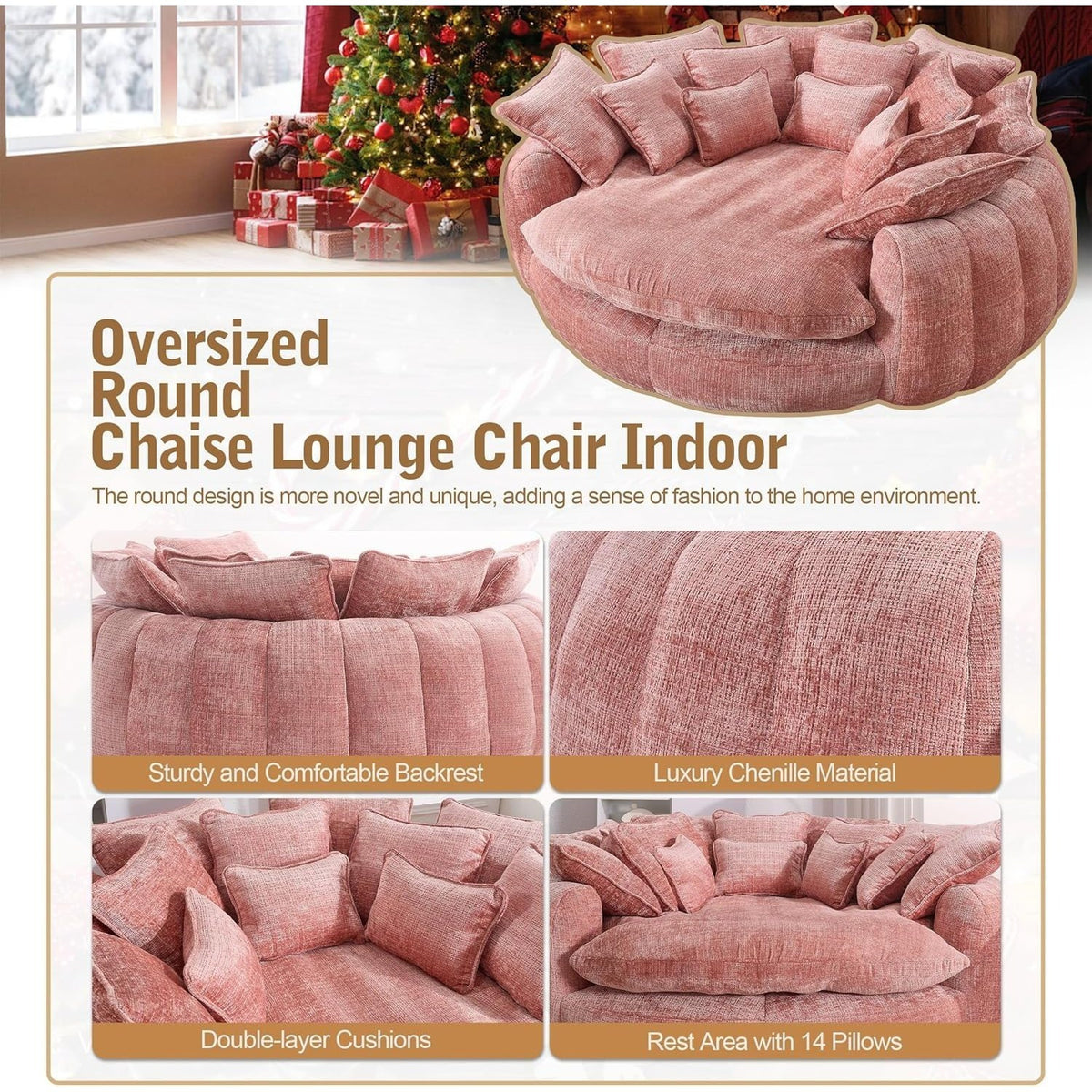 Oversized Round Chenille Lounge Sofa — pink chenille and pillow detail panel.