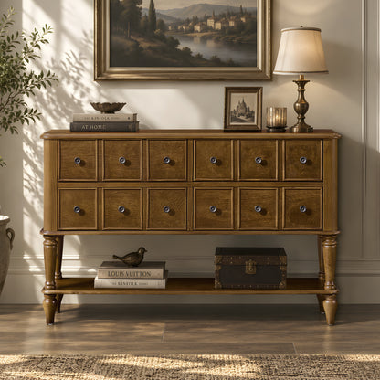 Walnut-finish apothecary-style console with four closed drawers and a long lower shelf