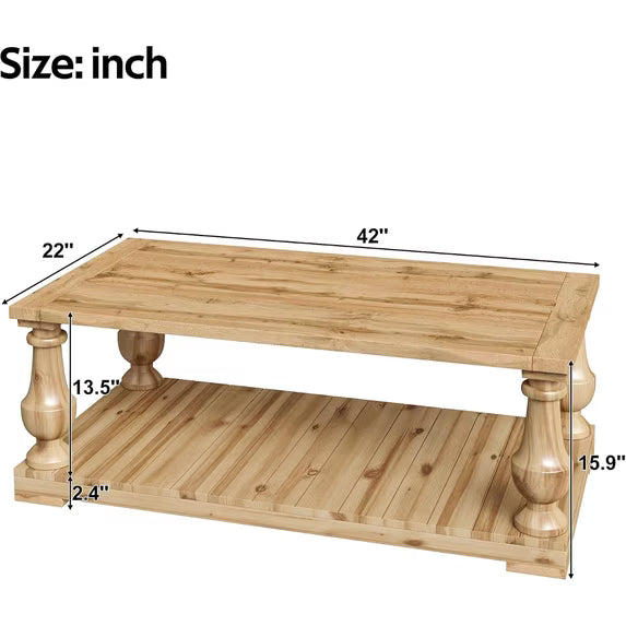 Dimension diagram of the farmhouse coffee table showing 42 by 22 by 15.9 inches