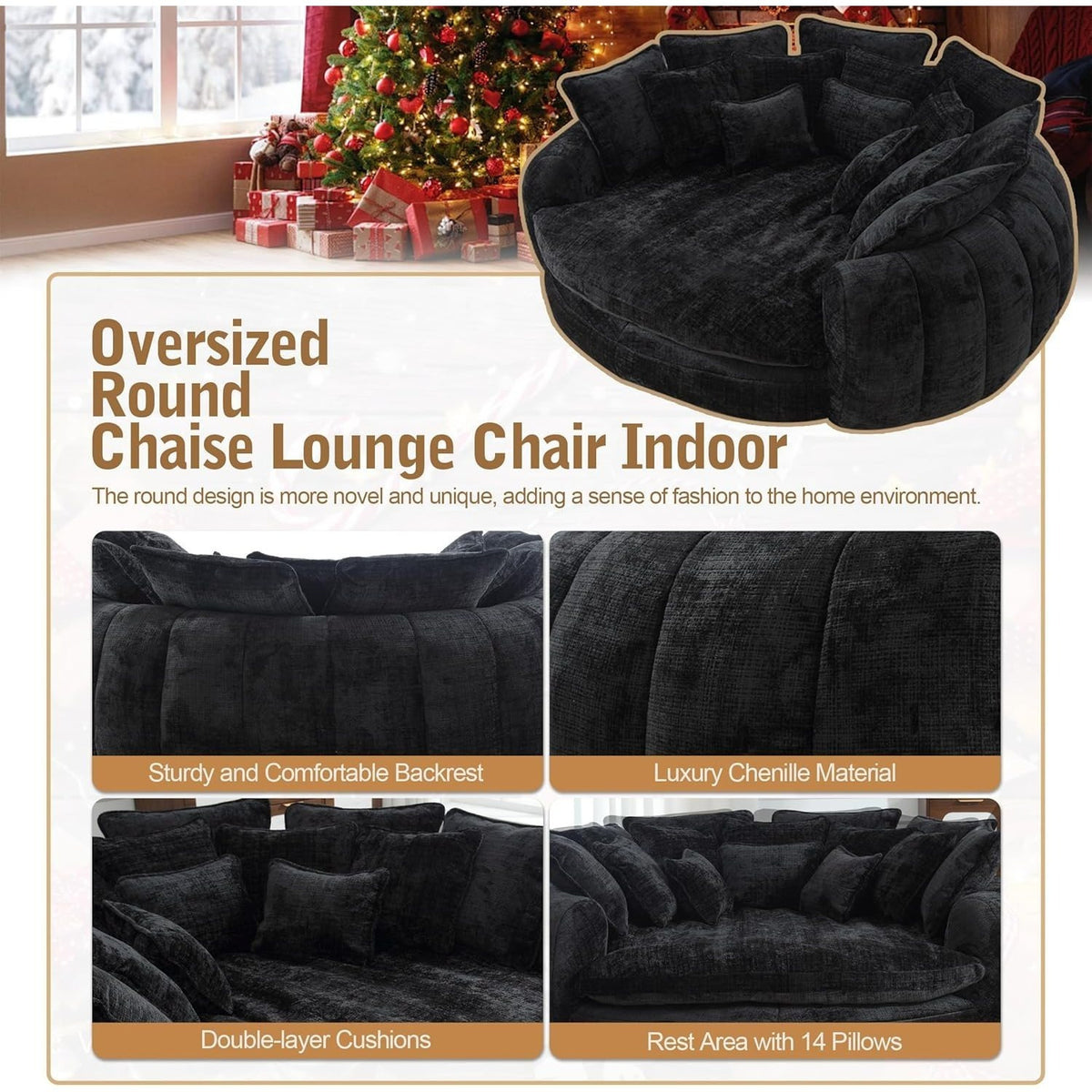 Oversized Round Chenille Lounge Sofa — black chenille and pillow detail panel.