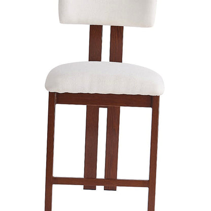 White upholstered counter stool with a brown frame and integrated footrest