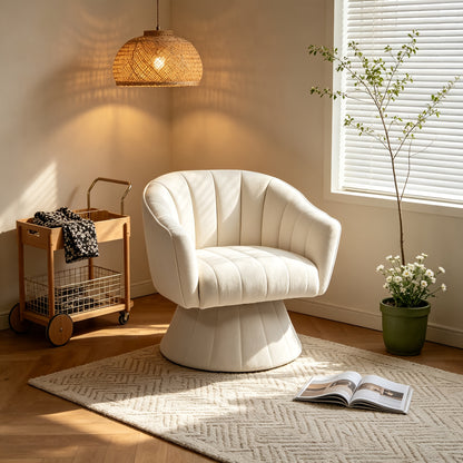 Channel-Tufted Swivel Barrel Chair — cream chair in a reading corner