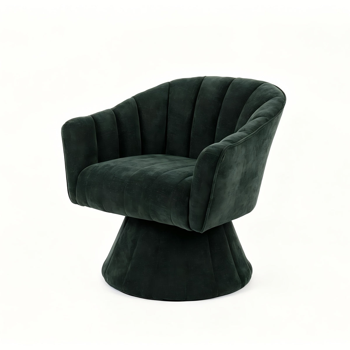 Channel-Tufted Swivel Barrel Chair — dark Green isolated front three-quarter view