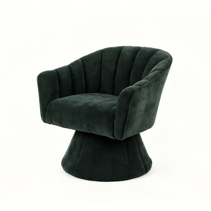 Channel-Tufted Swivel Barrel Chair — dark Green isolated front three-quarter view