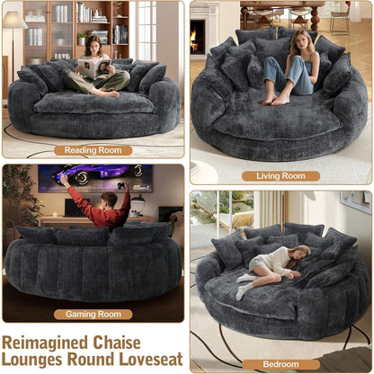 Oversized Round Chenille Lounge Sofa — dark grey sofa room-use examples.
