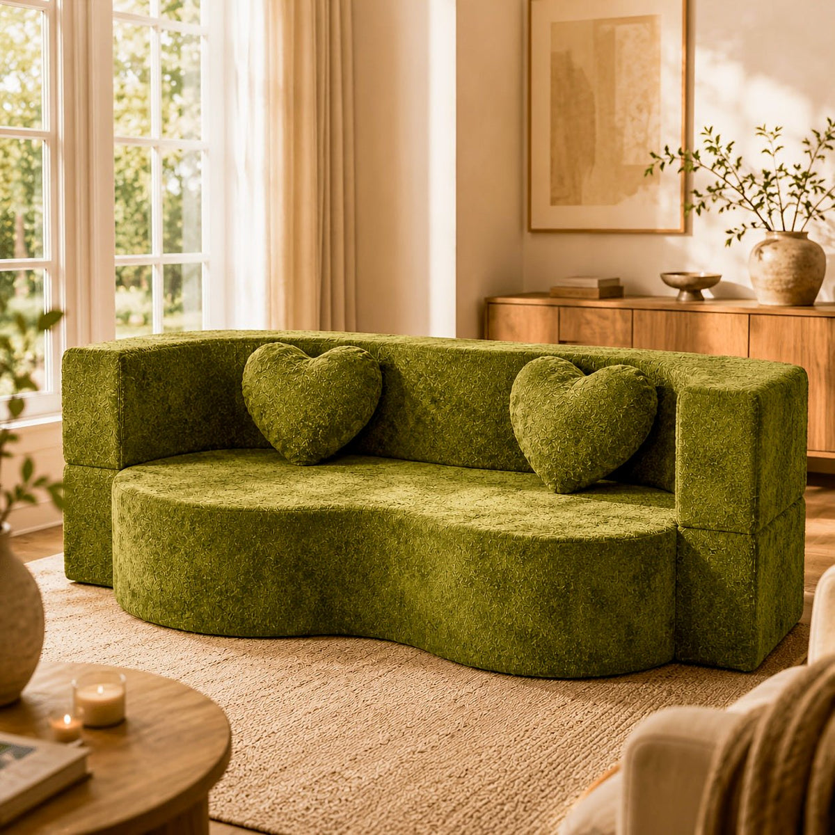 Olive green curved-front upholstered loveseat with two heart-shaped pillows