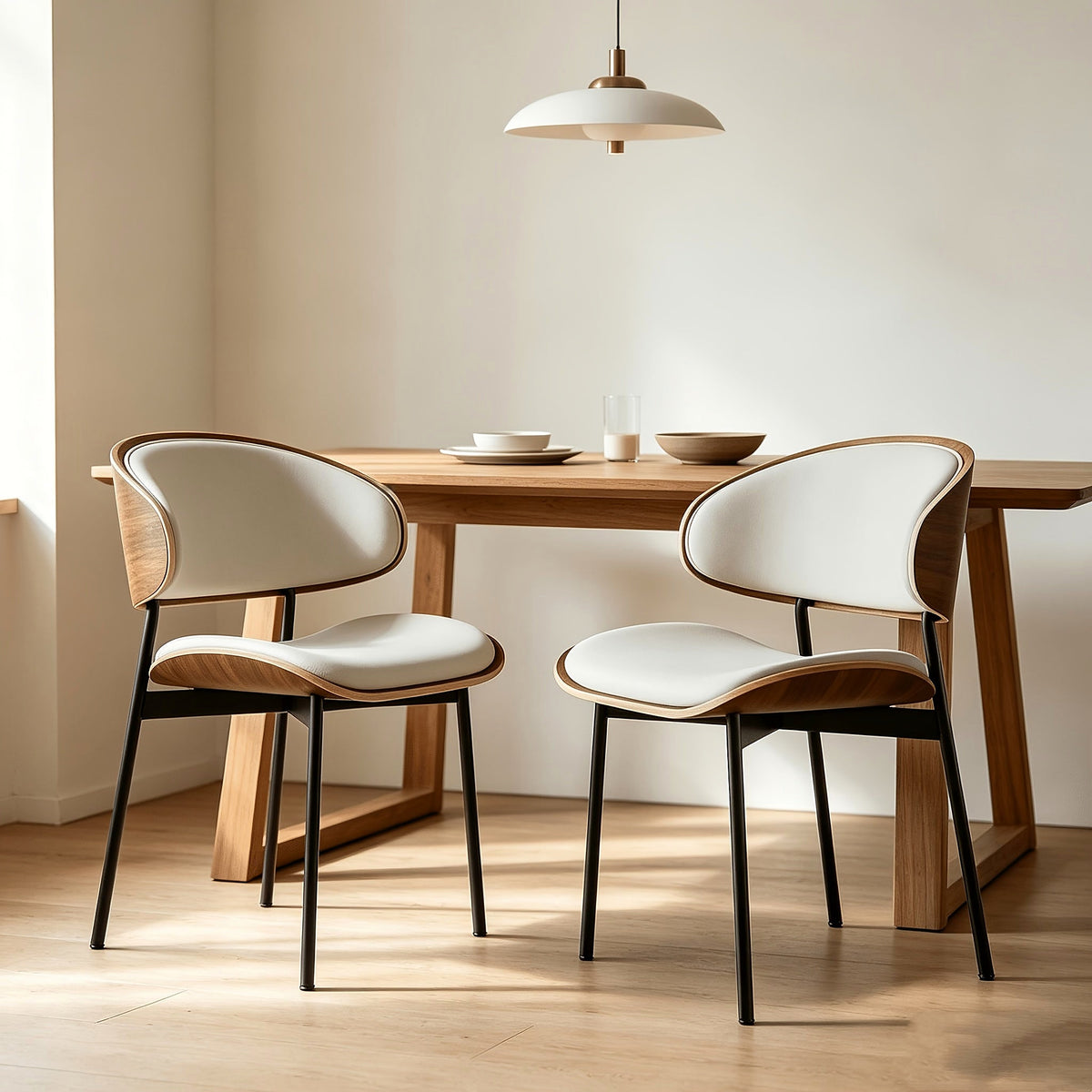 White bentwood faux leather dining chair with black metal legs