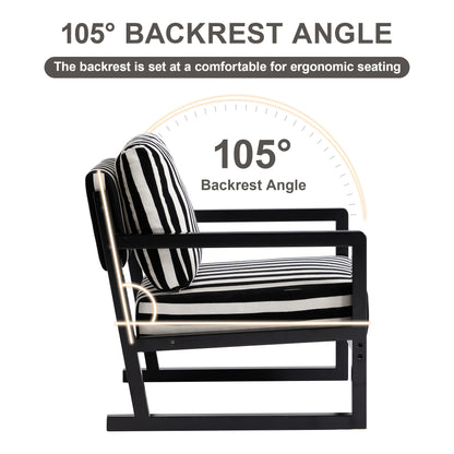 Black and White Striped Wood-Frame Lounge Chair — chair backrest angle illustration