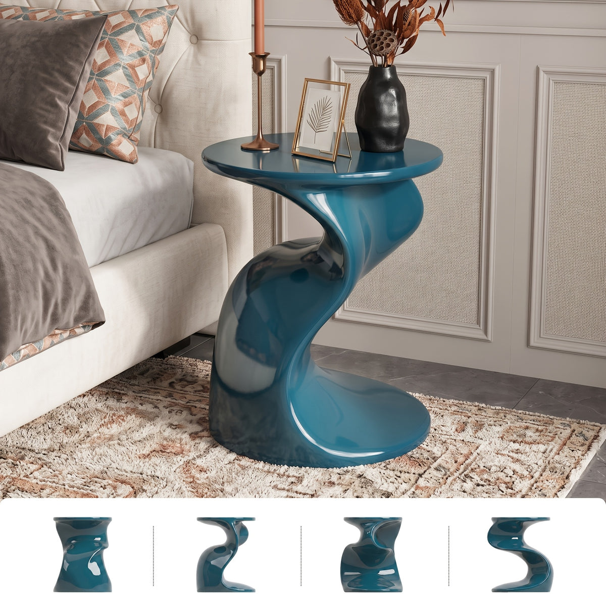 High Glossy Side Table, End Table, S-Shaped Base Fashion Design, Modern Nightstand, Accent Table, for Small Spaces, with 18" High Base, for Living Room Office Apartment, No Assembly, Blue/Green/Pink