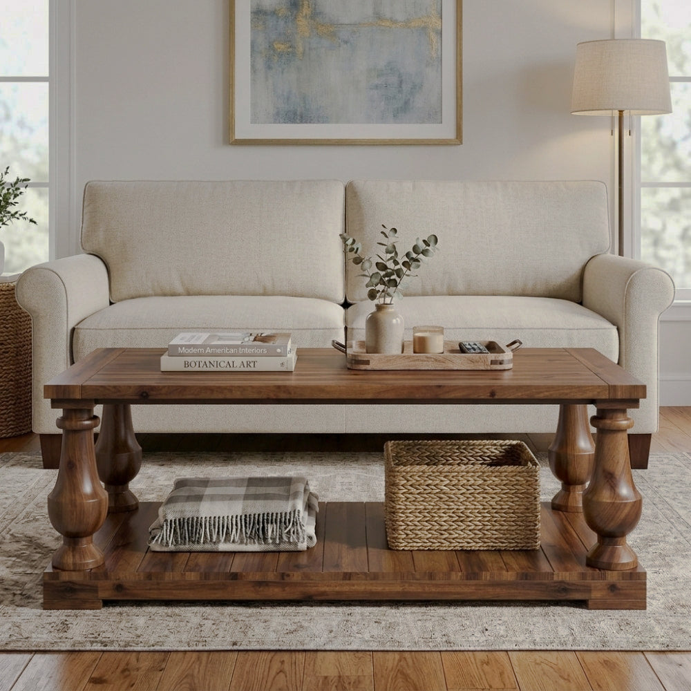 Walnut-finish rectangular coffee table with turned legs and an open shelf