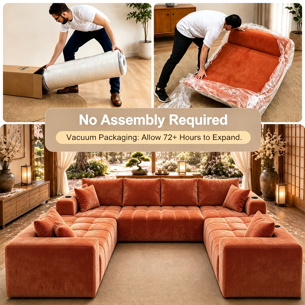 Chenille Modular Sectional with Cup Holders — compressed delivery and expansion instruction panel