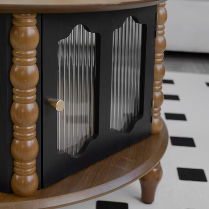 Close-up of a ribbed translucent door panel and turned post on the storage coffee table