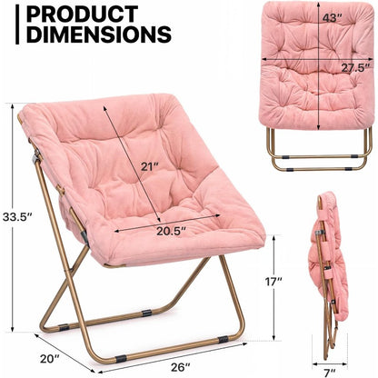 Pink folding-chair dimension diagram with seat and folded measurements