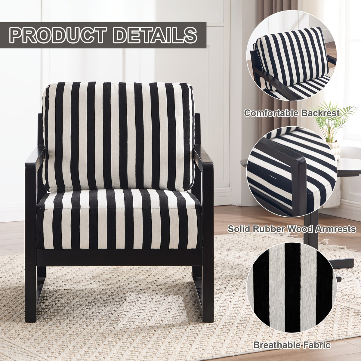 Black and White Striped Wood-Frame Lounge Chair — striped fabric and wood arm construction details