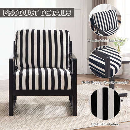 Black and White Striped Wood-Frame Lounge Chair — striped fabric and wood arm construction details